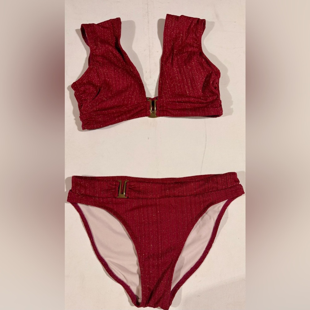 Red and Gold Textured Bikini Set Minimalist Swimwear